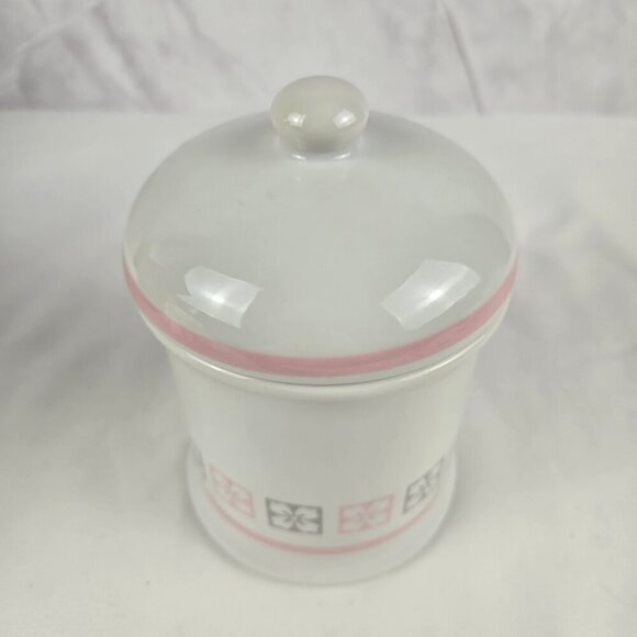 Vintage Porcelain Apothecary Jar White Pink Gray Pattern with Pink Stripe Accent - Picture 2 of 12